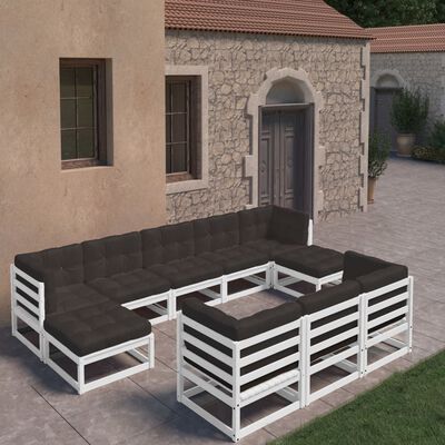 vidaXL 10 Piece Patio Lounge Set with Cushions White Solid Wood Pine