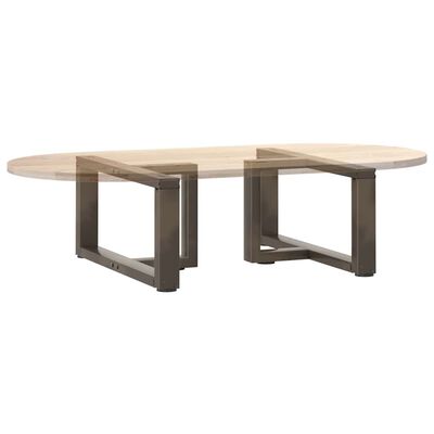 Oval wood tabletop over rectangular metal bases.
