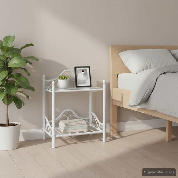 vidaXL Bedside Table White Steel and Tempered Glass 17.7 x 11.8 x 23.6 in