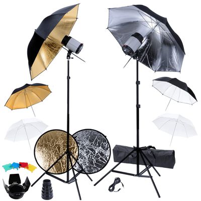 Studio Set: 2 Flash Lights, 6 Umbrellas, 2 Tripods, etc.