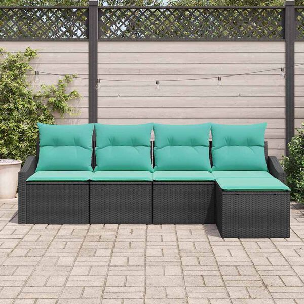 vidaXL Sofa Set with Cushion 5 pcs Black and Turquoise Poly Rattan