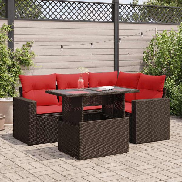 vidaXL 5 Piece Patio Sofa Set with Cushions Brown Poly Rattan Acacia