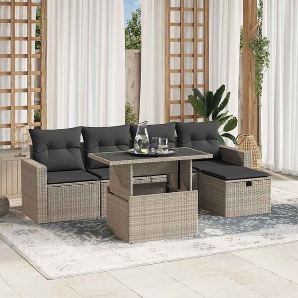 vidaXL Garden Sofa Set Light Grey PE Rattan 6 Piece Set Adjustable Feet