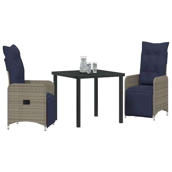 vidaXL Table and Chair Set with Cushion 3 pcs Grey PE Rattan