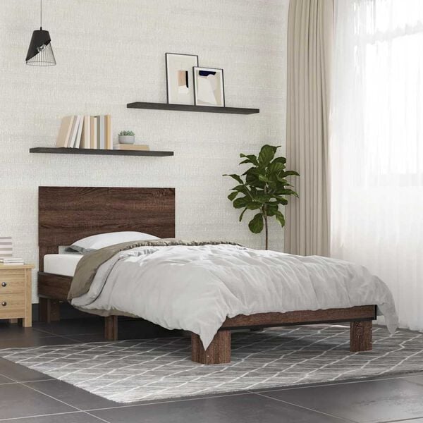 vidaXL Bed Frame Brown oak Engineered wood, metal, plywood Twin Durable