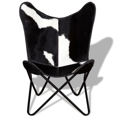 vidaXL Butterfly Chair Black and White Real Cowhide Leather