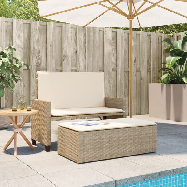 vidaXL Patio Bench with Cushions and Footstool Beige Poly Rattan