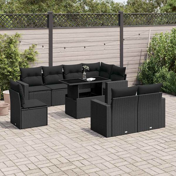 vidaXL Garden Sofa Set Black PE rattan, powder-coated steel, tempered glass