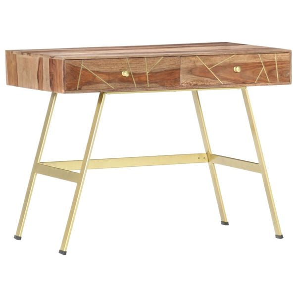 vidaXL Writing Desk Natural and brass Solid Acacia wood