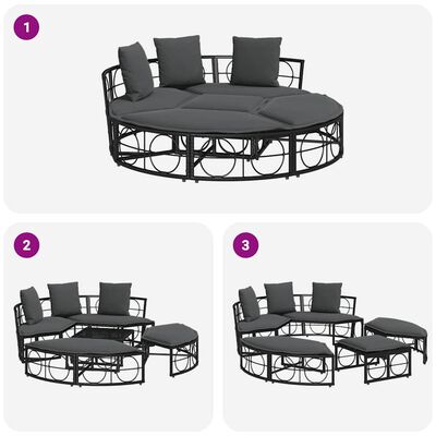 collage image showing three angles of circular outdoor sofa set