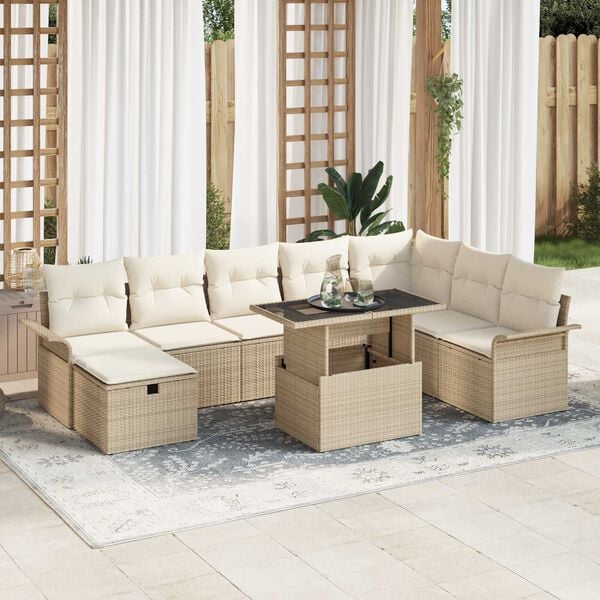 vidaXL Garden Sofa Set with Cushion 9 pcs Beige Poly rattan
