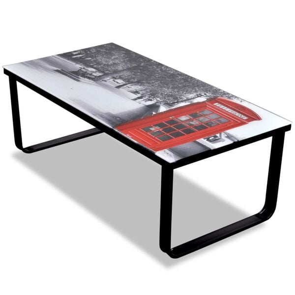 vidaXL Coffee Table Black with Telephone Booth Print Tempered Glass, Iron
