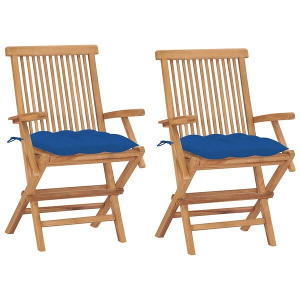 vidaXL Patio Chair Set of 2 Natural Wood, Blue Cushions