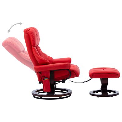 vidaXL Massage Recliner with Ottoman Red Faux Leather and Bentwood