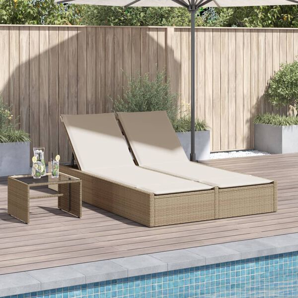 vidaXL Double Sun Lounger with Cushions Beige Poly Rattan