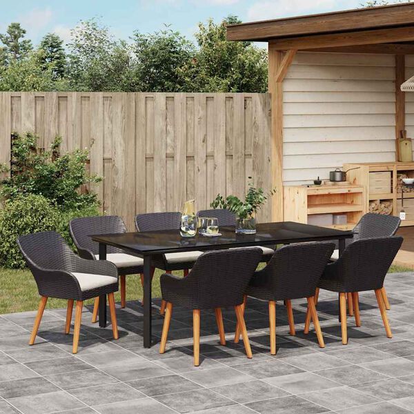 vidaXL Garden Dining Set with Cushion 9 pcs Black poly rattan