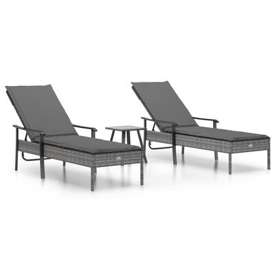 vidaXL Sun Loungers 2 pcs with Table and Cushions Gray Poly Rattan