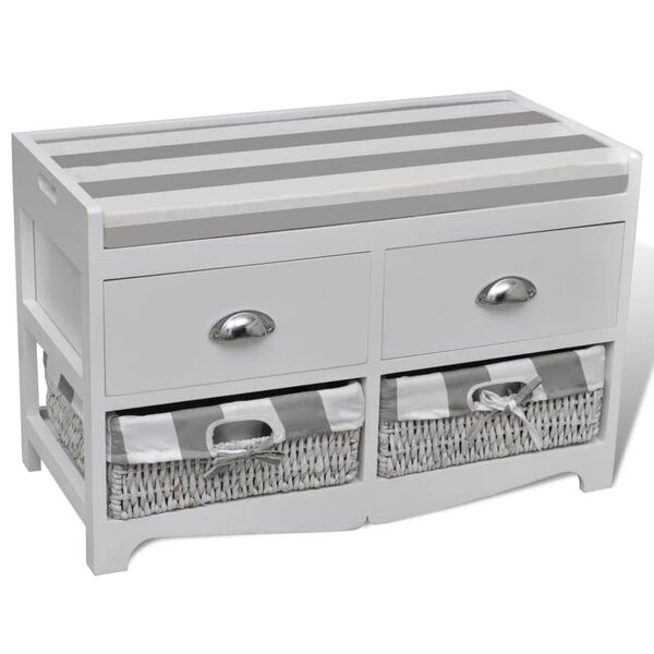 vidaXL White Storage & Entryway Bench with Cushion Top 2 Drawer 2 Basket