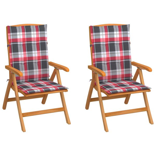 vidaXL Patio Chairs 2 pcs Red Check Pattern Cushions Solid Teak Wood