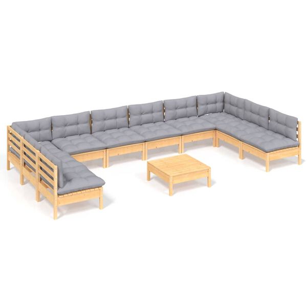 vidaXL Garden Lounge Set Grey Solid Pine Wood, Polyester Large Modular