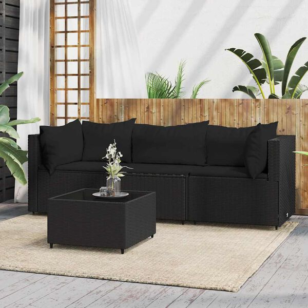vidaXL Patio Lounge Set Black PE Rattan, powder-coated steel, tempered glass