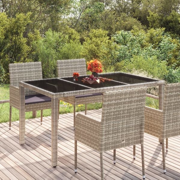 vidaXL Garden Table With Glass Top Grey PE rattan 59.1 x 35.4 x 29.5 in