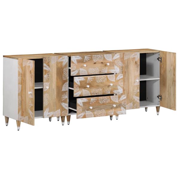 vidaXL Sideboard Set of 3 Natural Mango Wood with White