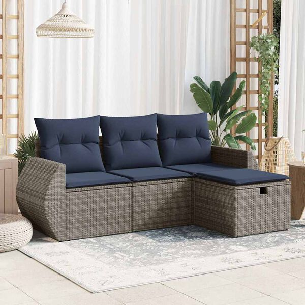 vidaXL 4 Piece Patio Sofa Set with Cushions Gray Poly Rattan