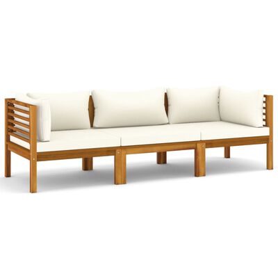 vidaXL 3-Seater Patio Sofa with Cream Cushion Solid Acacia Wood