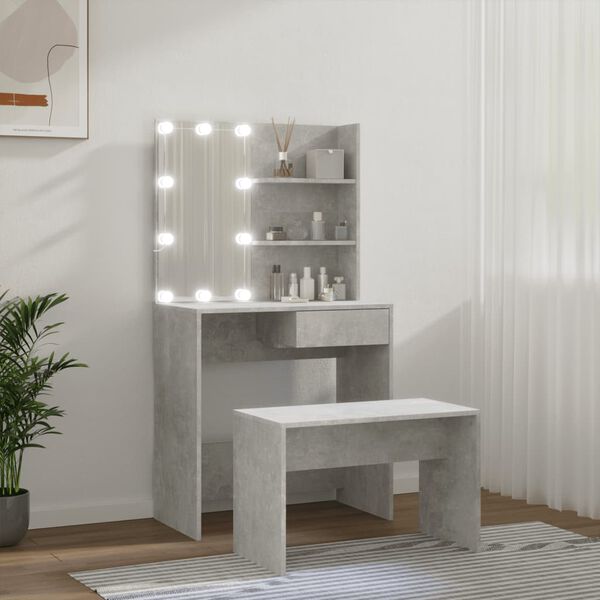 vidaXL Dressing Table Set with LED Concrete Grey Engineered Wood Medium