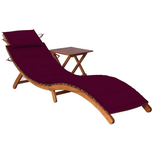 vidaXL Sunlounger With Table Wine red cushion, natural wood