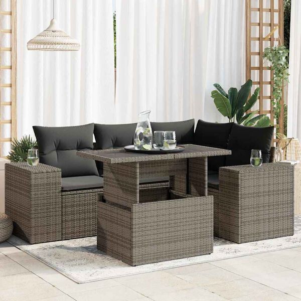 vidaXL Garden Sofa Set Grey PE rattan, powder-coated steel, tempered glass