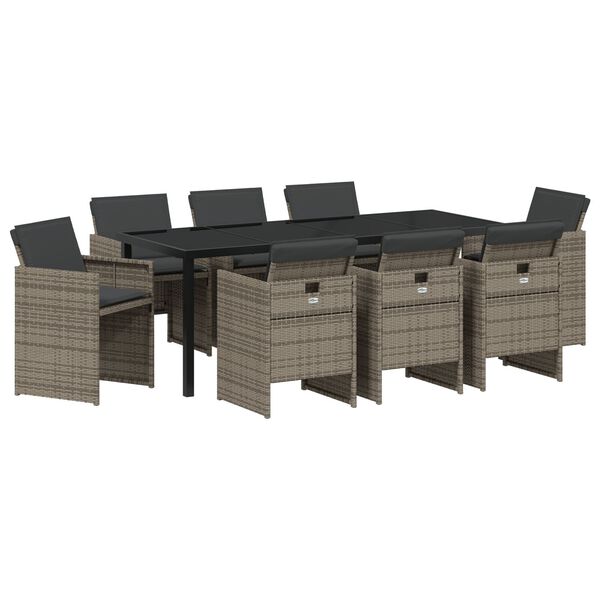 vidaXL Garden Dining Set with Cushion 9 pcs Grey Poly Rattan