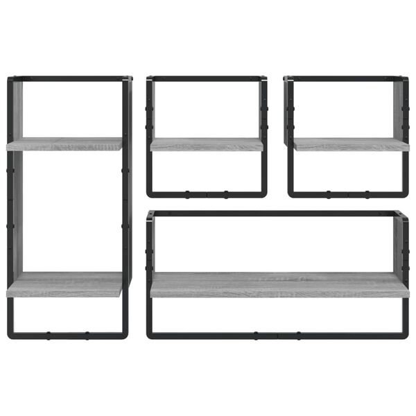 vidaXL Wall Shelf Set Set of 4 Grey Sonoma Engineered wood, metal