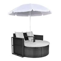 vidaXL Patio Bed with Parasol Black Poly Rattan