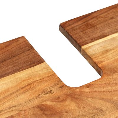Close-up of wood surface with cutout notch on edge of wooden panel.
