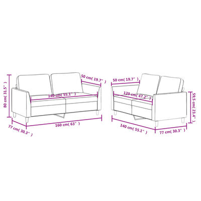 Technical diagram showing dimensions and layout for two sofas: measurements in pink with labeled lengths and heights.