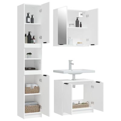 White modular bathroom furniture set with tall cabinet, wall cabinet with mirrored doors, and vanity with sink.
