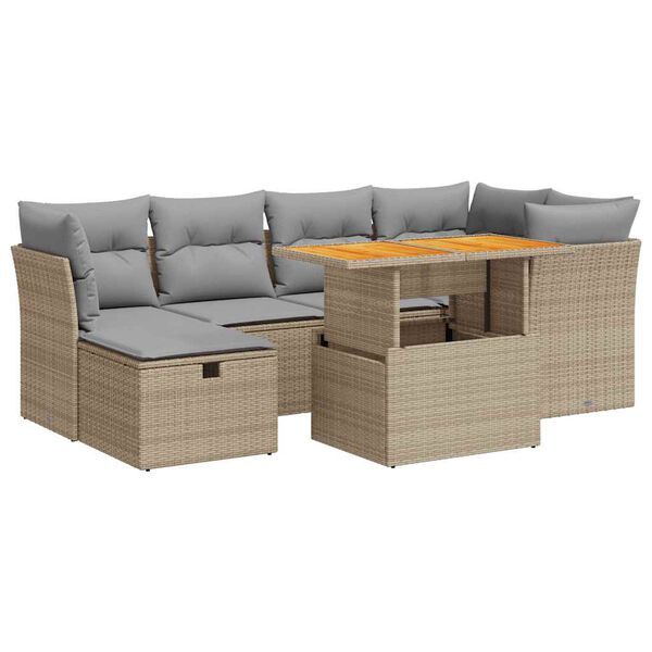 vidaXL Garden Sofa Set Beige Poly Rattan, Acacia, Tempered Glass 7 Piece