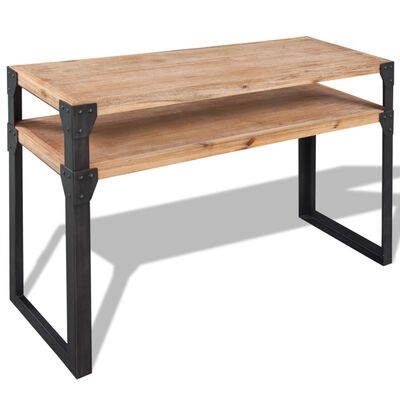 Two-tier desk with wooden top and lower shelf, industrial frame.