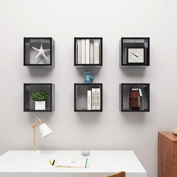 vidaXL Cube Shelf Set of 6 Glossy black Engineered wood Compact