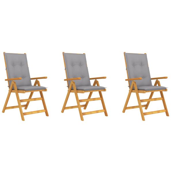 vidaXL Garden Chair Set of 3 Natural Wood, Grey Cushion Solid Acacia Wood