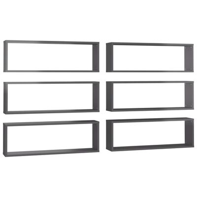 vidaXL Wall Cube Shelves 6 pcs High Gloss Gray 31.5"x5.9"x10.4" Engineered Wood