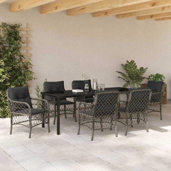 vidaXL Garden Dining Set with Cushion 7 pcs Grey Poly Rattan