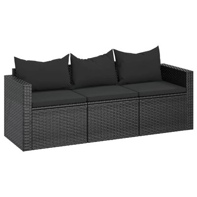 vidaXL 3-Seater Patio Sofa with Cushions Black Poly Rattan