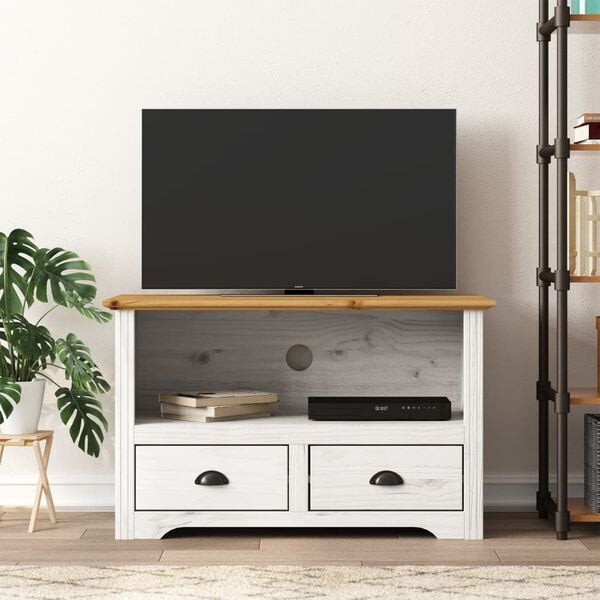 vidaXL TV Cabinet White, Brown Solid Pine Wood, Engineered Wood, Metal