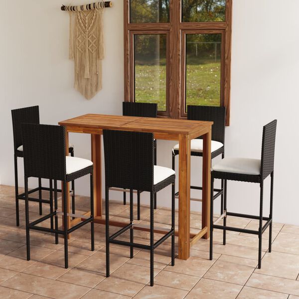 vidaXL Garden Bar Set Table: Brown, Chairs: Black, Cushions: Cream