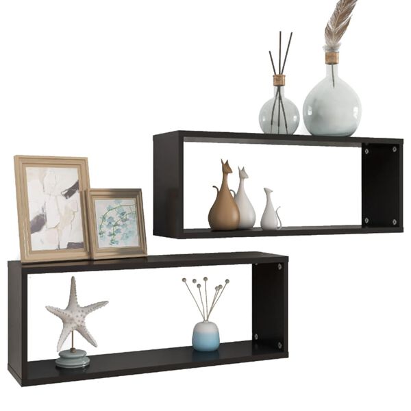 vidaXL Wall Shelf Set of 2 Black Engineered wood Medium Wall Shelf