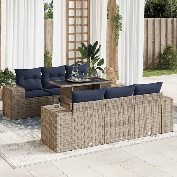 vidaXL 7 Piece Patio Sofa Set with Cushions Gray Poly Rattan Acacia