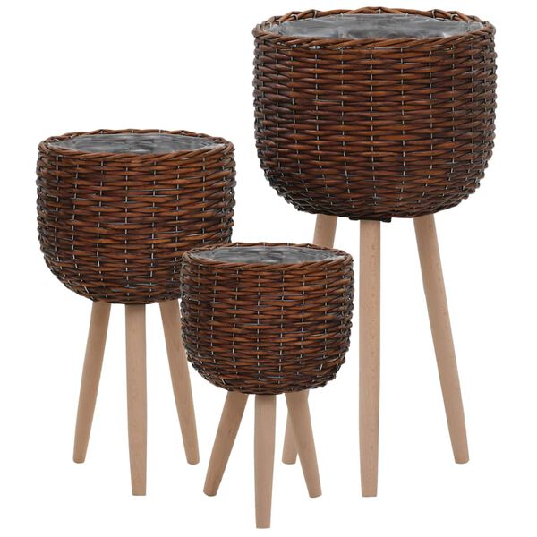 vidaXL Planter Set of 3 Brown Wicker, Beech wood, PE lining